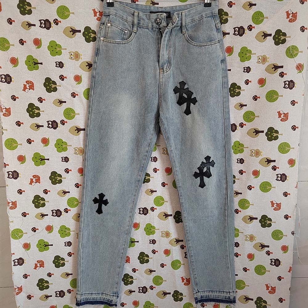 Chrome Hearts Classic Black Leather Cross Patch Blue Jeans